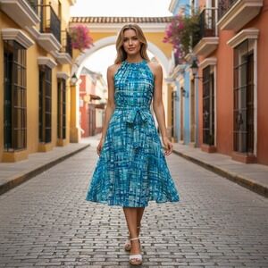 Chaps Midi Dress Women Size 6 shades of blues greens